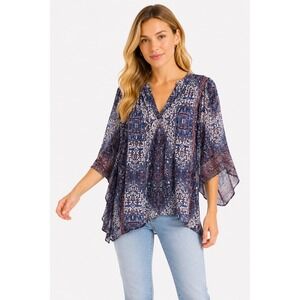 Joie Tunic Top XS Blue Maroon Boho V‎ Neck Drape Sleeve Flowy Blouse Chic